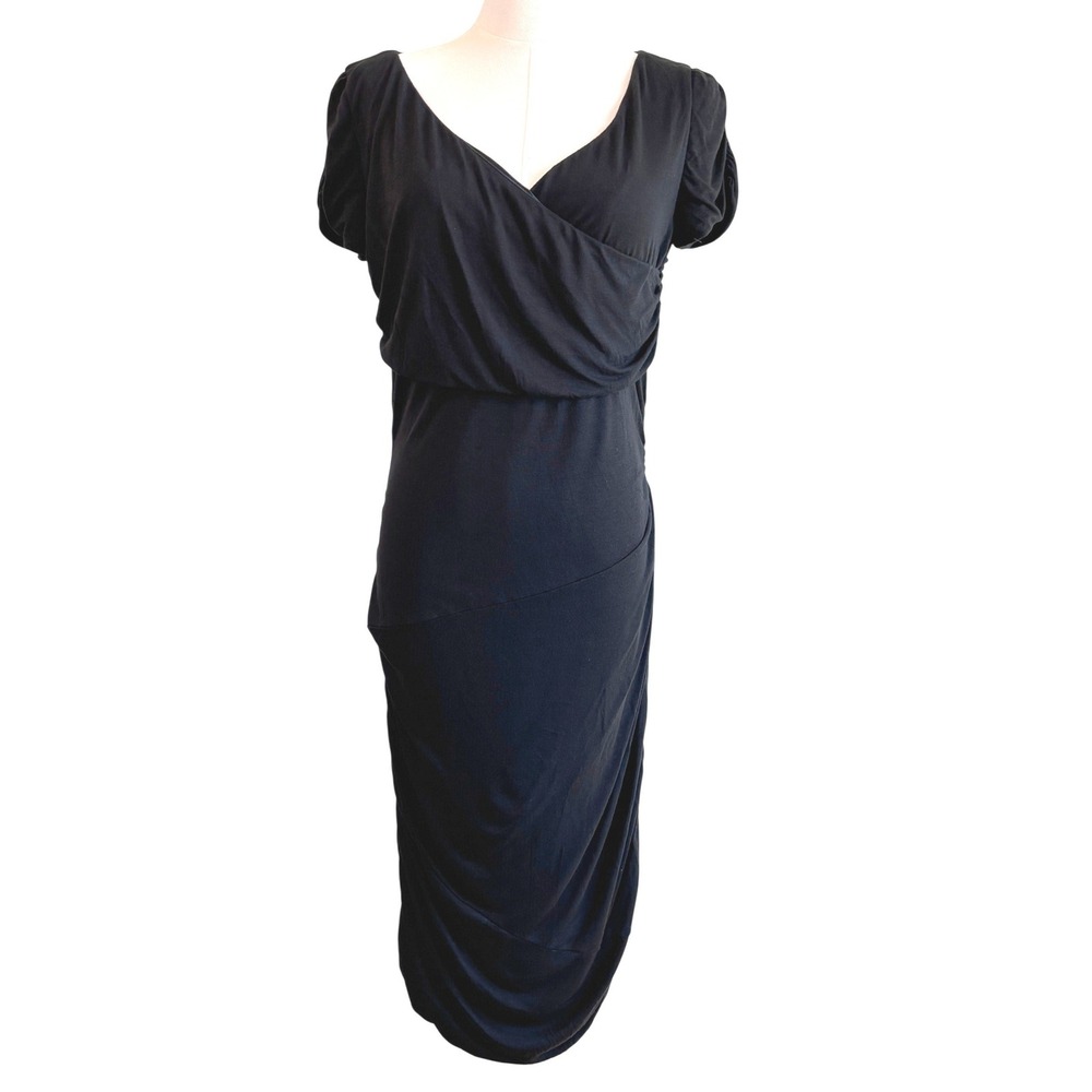 Love Moschino Draped Wrap Dress Black Womens Size 8 Ruched Midi Made In Italy